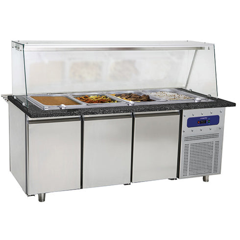 Table De Préparation Chauffée Avec 3 Portes Et Structure En Verre, 5X Gn 1/1 H=100 Mm, IEA0011