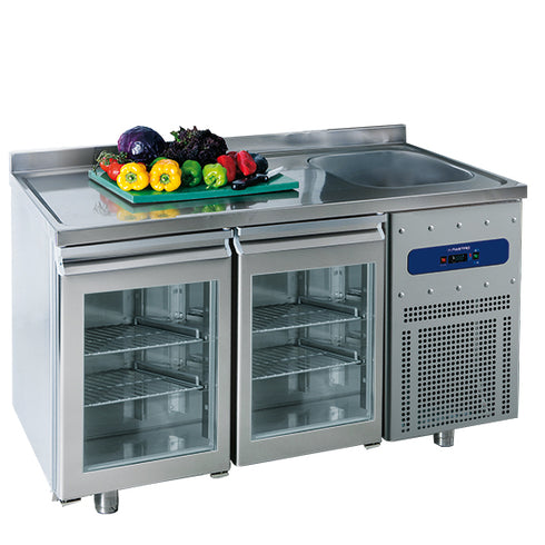 Table Réfrigérée 700 Mm Avec 2 Portes En Verre, Évier 35X40X20H Cm à Droite Et Dosseret, -2°/+8°C, MRGF150/FG