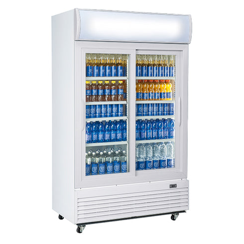 Vitrine Réfrigéré Vertical 1000 Litres Avec 2 Portes Coulissante Et Panneau Publicitaire, +0°/+10°C, VLG1000BFS